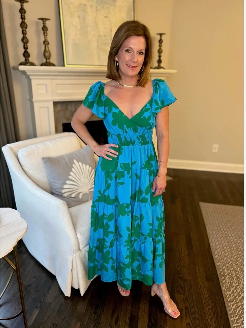 Anthropologie Teal Maxi Dress with Green Floral Print - Picture 1 of 5
